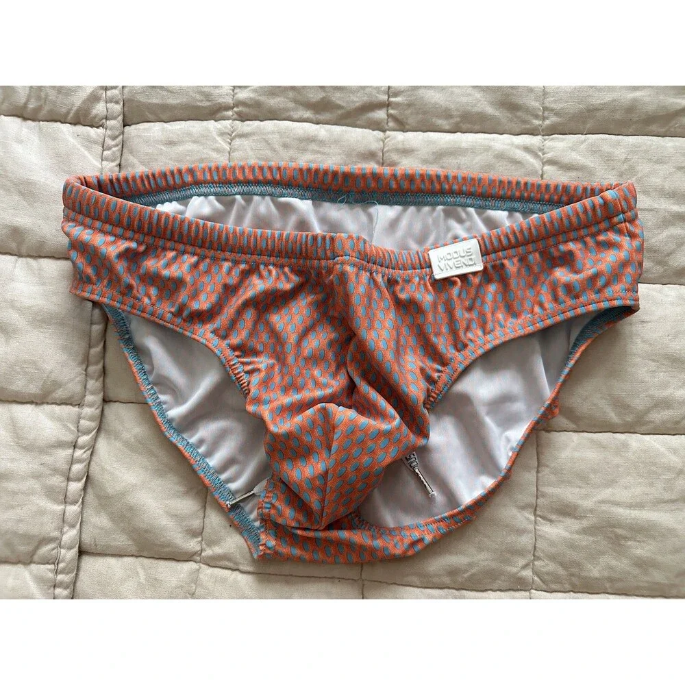 Modus Vivendi Men's Orange Teal Pattern Swimsuit Speedo-style Brief Size Large